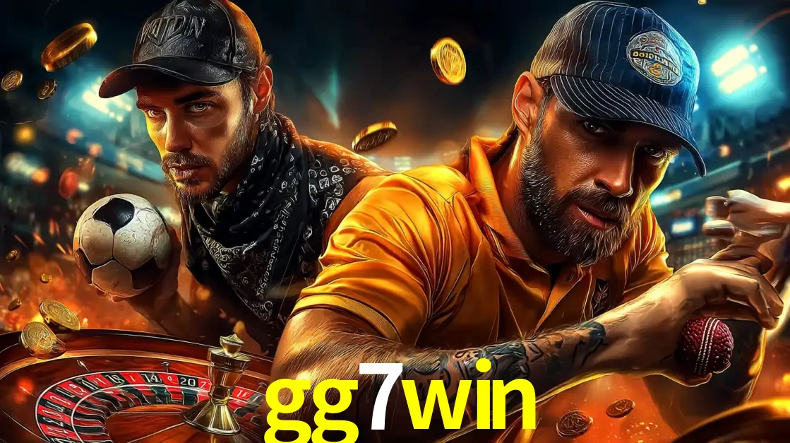 Montagem de apostas esportivas e cassino no gg7win, com um homem segurando uma bola de futebol e outro uma de beisebol sobre uma roleta e moedas voadoras.